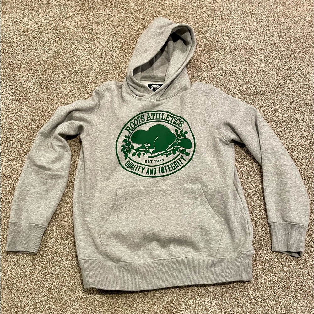 Roots Athletics grey hoodie with green logo. Men’s medium
